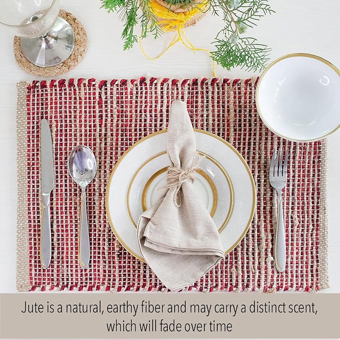 Natural Jute & Red Placemats, Set of 4 – Rustic Handmade Boho Table Mats, 13x19 Inch Dining Table Placemats for Kitchen, Everyday Meals, Holidays, Farmhouse or Modern Table Décor