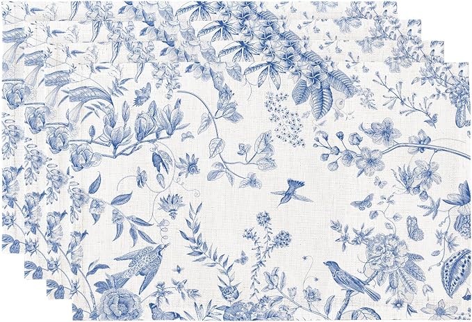 QIYI Boho Table Placemats Set of 4, 12"x18" Linen Place Mats, Blue Garden | Fabric Place Mats for Kitchen Dinning, Farmhouse Rustic Cloth Table Mats, Washable Placemat Party Table Décor