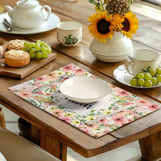 He is Risen Placemats Set of 4 Spring Easter Christian Cross Religious Flowers Kitchen Table Mats Seasonal Easter Holiday Linen Fabric Place Mat for Party Kitchen Dining Decoration