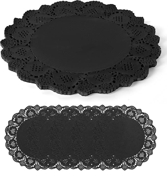 100 Pack 13.5 Inch Round Black Paper Doilies, Disposable Lace Placemat | Rustic Scallop Doily Table Pads, Heavy-Duty Paper Place Mats for Cakes, Crafts, Parties, Weddings, Buffet, Home Decor