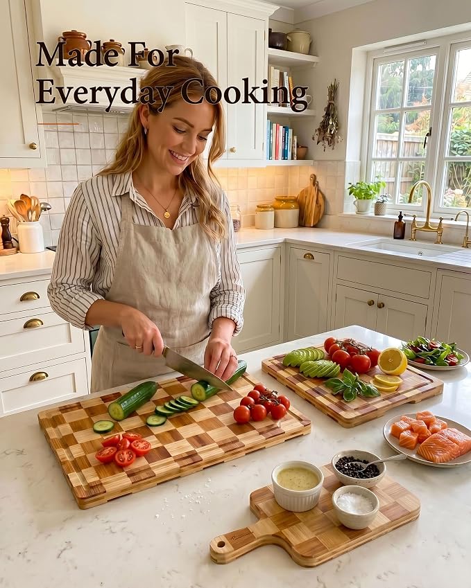 Checkered Cutting Board Set with Holder, Set of 3 End Grain Butcher Block Boards for Kitchen, Bamboo Serving Board with Handle for Cheese, Charcuterie, Meat, Fruit and Meal Prep