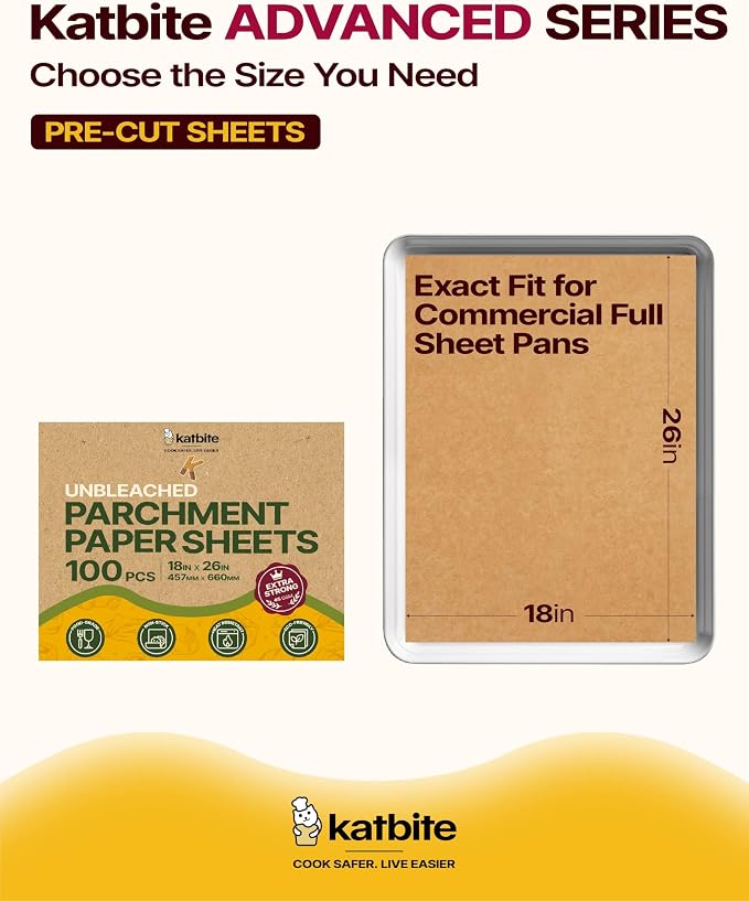Katbite 100 Pcs Parchment Paper Baking Sheets, 18x26 Inch, Heavy Duty | Unbleached precut Non-Stick full sheet paper, ideal for ovens, cooking, grilling and air fryers