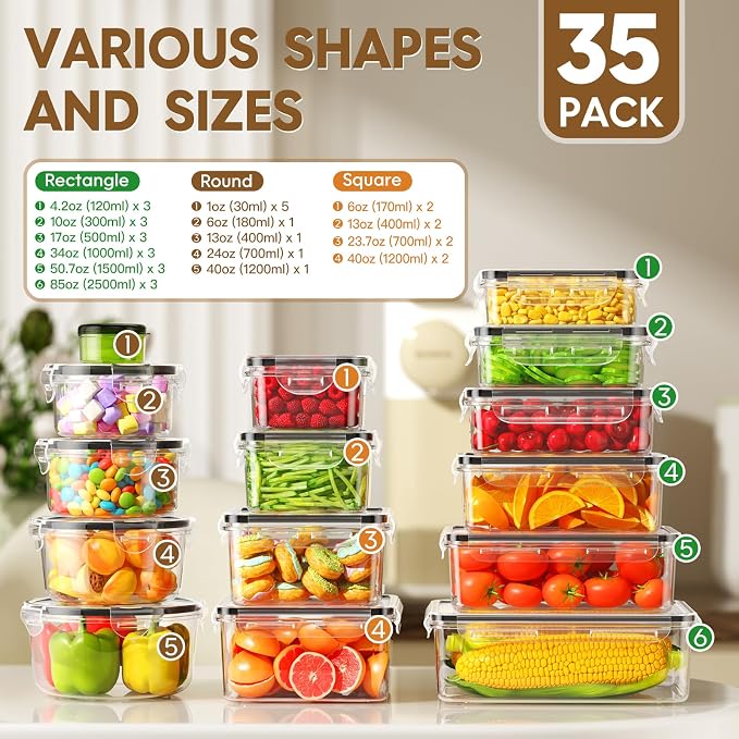 KEMETHY 70 PCS Food Storage Containers with Lids Airtight, Total 856oz, BPA-free, Food-grade, Eco-friendly Material, Leak Proof Plastic Containers, Microwave/Dishwasher Safe