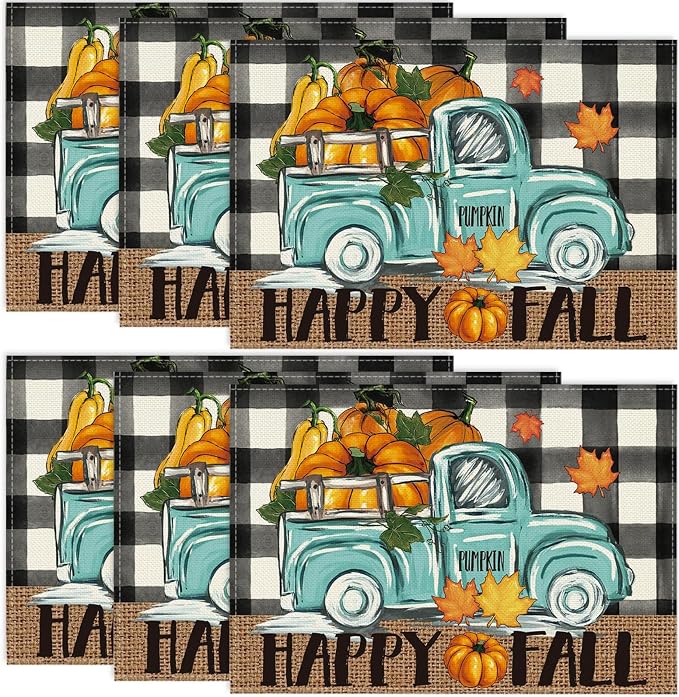 Buffalo Plaid Check Pumpkins Truck Fall Placemats Set of 6, 12x18 Inch Autumn Thanksgiving Table Mats for Holiday Party Kitchen Dining Room Decoration