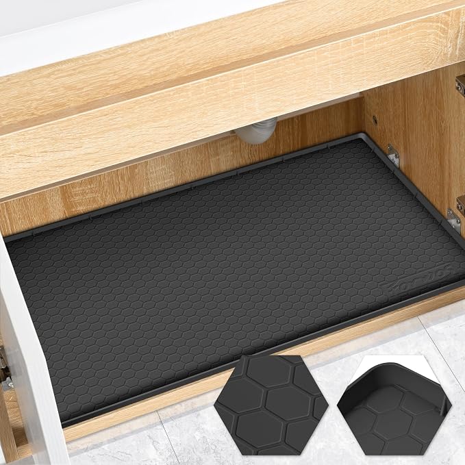 Silicone Under Sink Mat, 34"x19", Waterproof Cabinet Liner, Black | Shelf Liner, Cabinet Protector, Home Organizer, for Kitchen, Bathroom, Multipurpose, Leak Proof, Easy Clean, Drip Tray, Clean