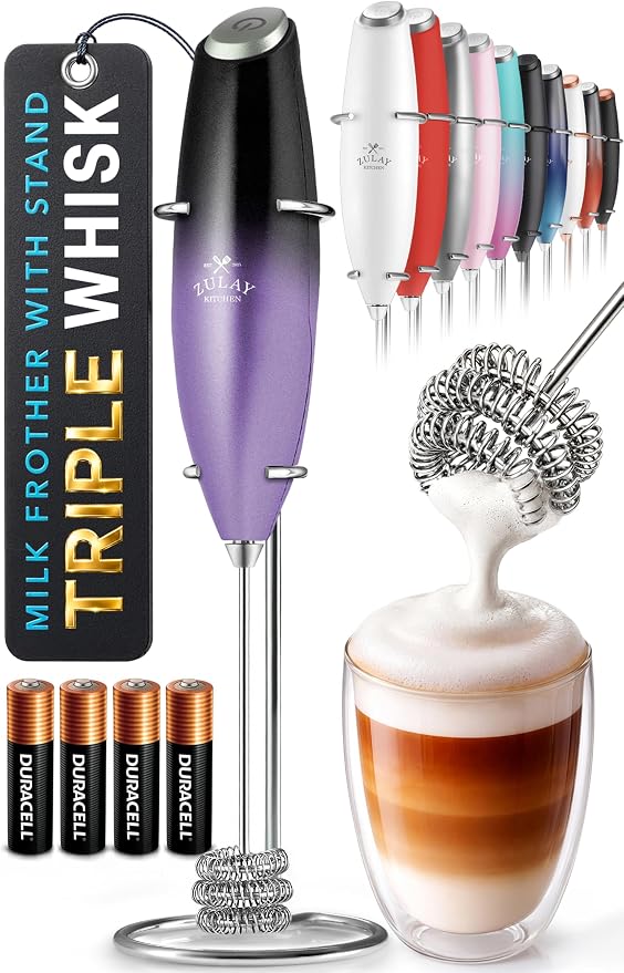 Zulay Kitchen Powerful Milk Frother Wand With Duracell Batteries - Ultra Fast Handheld Drink Mixer - Electric Whisk Foam Maker for Coffee, Lattes, Cappuccino & Matcha - Triple Whisk - Nebula