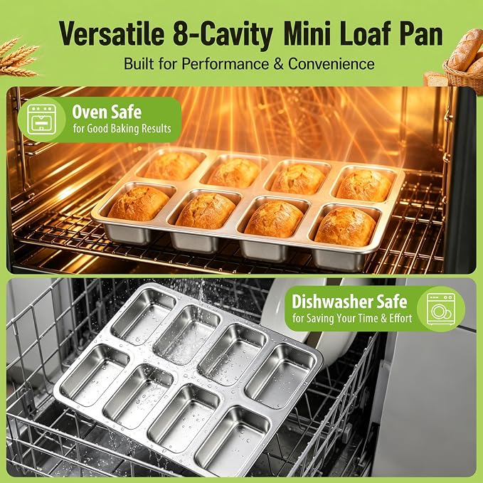 P&P CHEF 8 Cavities Mini Loaf Pans, Loaf Bread Pan for Baking Bread,2 Pcs | Mini Bread Pans Tins for Even Baking, Healthy & Non Toxic, Oven Safe & Dishwasher Safe , For Bread Meatloaf Cake Brownies