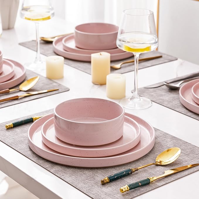 AmorArc Stoneware Dinnerware Sets for 6,18Pcs Plates and Bowls Set | Handmade Ceramic Dish Set,Dishwasher & Microwave Safe,Scratch Resistant-Pink