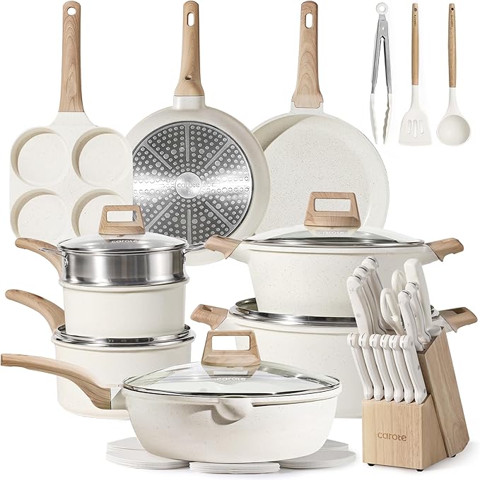 CAROTE 35pcs Pots and Pans Set, Nonstick Cookware Sets with Knife Block Set | Induction Cooking Set, Easy Clean, Fit All Stovetops, Ultra Durable, Even Heating, with Egg Pan & Kitchen Knives