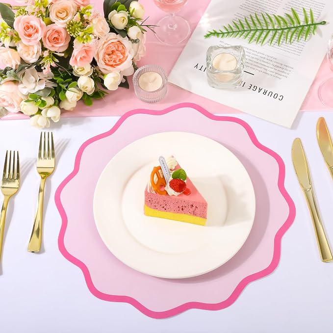 50 Pcs Pink Scalloped Paper Placemats, Disposable Wavy Edge Table Mats | 13.7 Inch Round, Italian Summer Place Mats for Wedding Baby Shower Birthday Tea Party Bridal Shower Table Decor