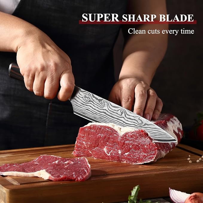 8 Inch Chef Knife - Ultra Sharp Vegetable Kitchen Knife | 12-15 Degree Edge for Meat Cutting Japanese Style, High Carbon Stainless Steel, Pakkawood Handle & Sheath, Cooking & BBQ Gift