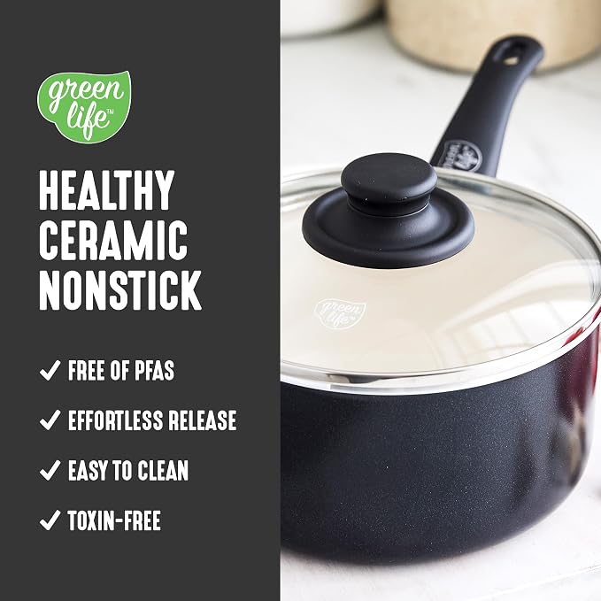 GreenLife 2.5QT Ceramic Nonstick Saucepan with Glass Lid, Black | PFAS-Free Nonstick Coating, Multipurpose Cooking Pot, Milk Pan, Soup Pot, Stay-Cool Handle, Dishwasher & Oven Safe up to 350F