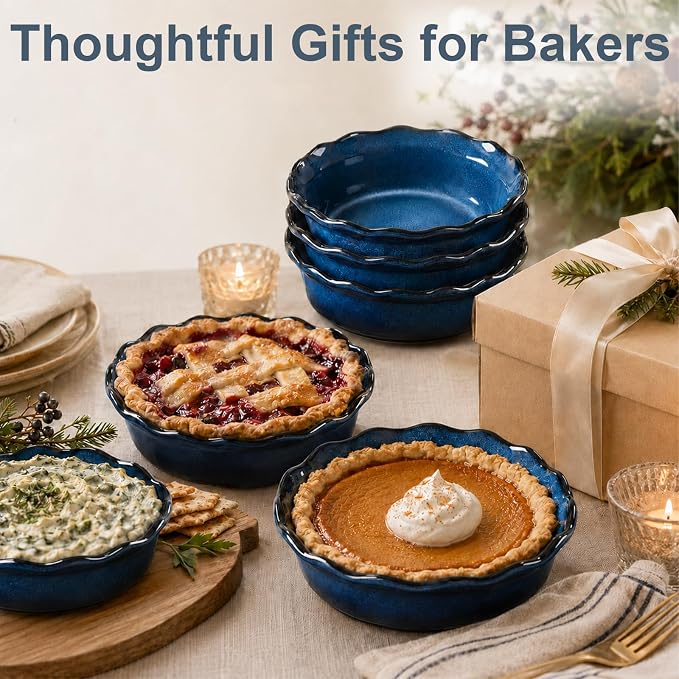 ONEMORE 6 Inch Ceramic Mini Pie Pans Set of 4, Deep Dish Pie Plates with Fluted Edges, Blue Gradient Small Baking Dishes for Pot Pies, Quiche, Tarts and Individual Desserts, Oven Safe