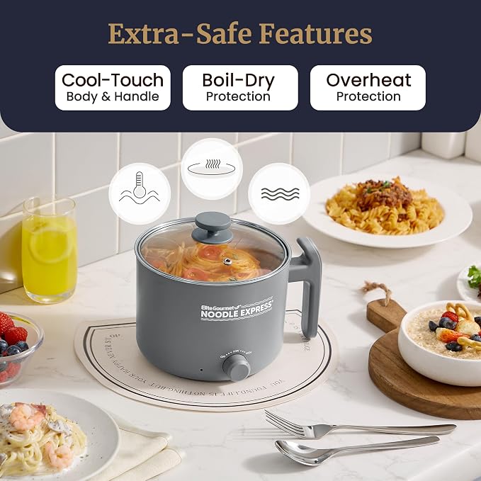 Elite Gourmet Noodle Express Electric Hot Pot, Stainless Steel, Grey | Prepares ramen, rice, soups & stews, boils water fast - glass lid - High/Low/Off settings