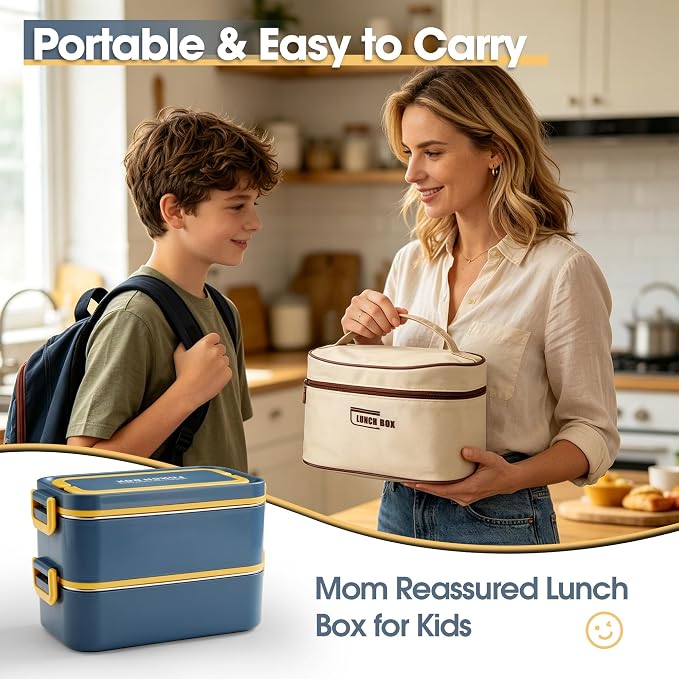 Kabbas 18/8 Stainless Steel Bento Box for Kids & Women – 66 Oz Leakproof Lunch Containers for Adults, 2Layers Stackable Metal Lunch Box with Cutlery & Insulated Bag – Ideal for Work, School, Picnic