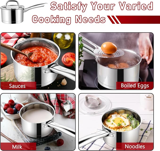 P&P CHEF 1 &2 Qt Saucepan with Lid, Stainless Steel Small Cooking Pot 2 Pan | Sauce Pan for Pasta, Soup, Tri-ply Base for Induction, Gas, Ceramic, Oven & Dishwasher Safe, Ergonomic Handle & Multi-use