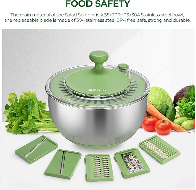 SUSTEAS Stainless Steel Salad Spinner, Lettuce Spinner with 5 Blade Slicer | Vegetables Wash Bowl, Fruits & Herb Lettuce Dryer with Egg Yolk Strainer for Efficient Salad Preparation and Food Washing
