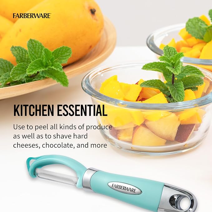 Farberware Vegetable Peeler, Pro2 Euro Peeler with Sharp Stainless Steel Swivel Blade and Ergonomic Handle, Dishwasher Safe, Aqua Sky