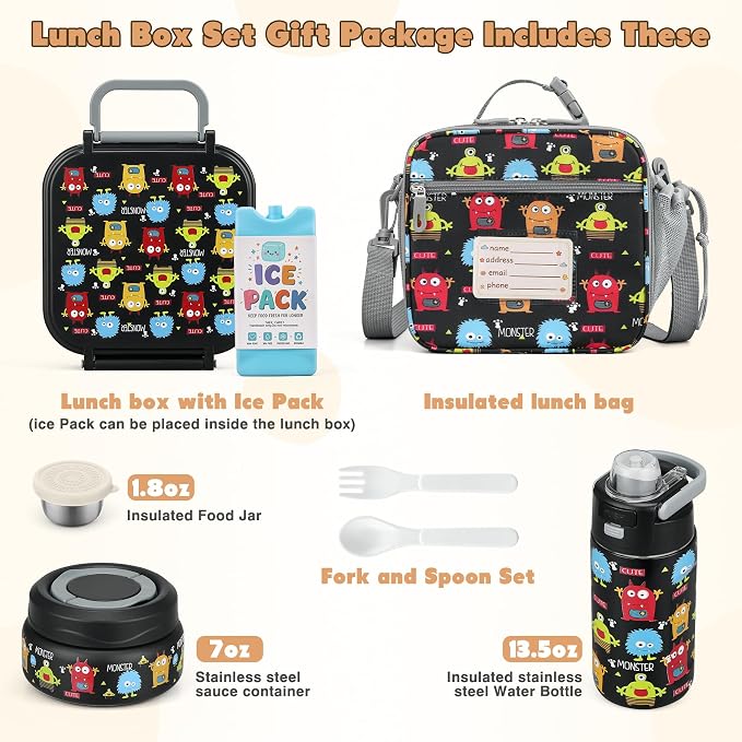 Bento Lunch Box for Kids with 7oz Soup Thermo,Insulated Stainless Steel Kids Water Bottle with Straw and Insulated Lunch Bag,Leak-Proof Lunch Food Container with Ice Pack for School(Black-Cute)