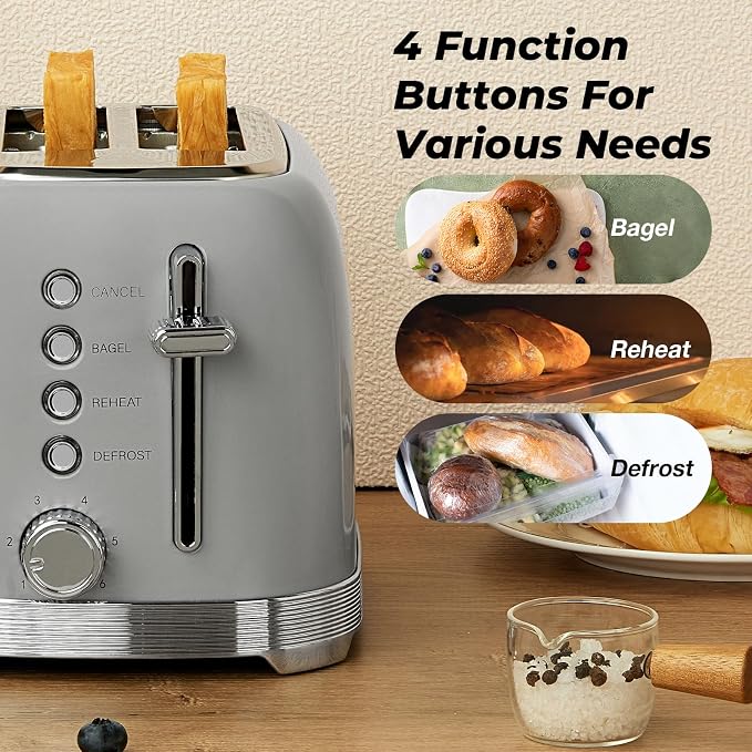 Toaster 2 Slice Retro Stainless Steel, Gray | 1.5” Extra Wide Slots with Bagel, Defrost, Reheat, Cancel Functions, 6 Bread Shade Settings, Removable Crumb Tray