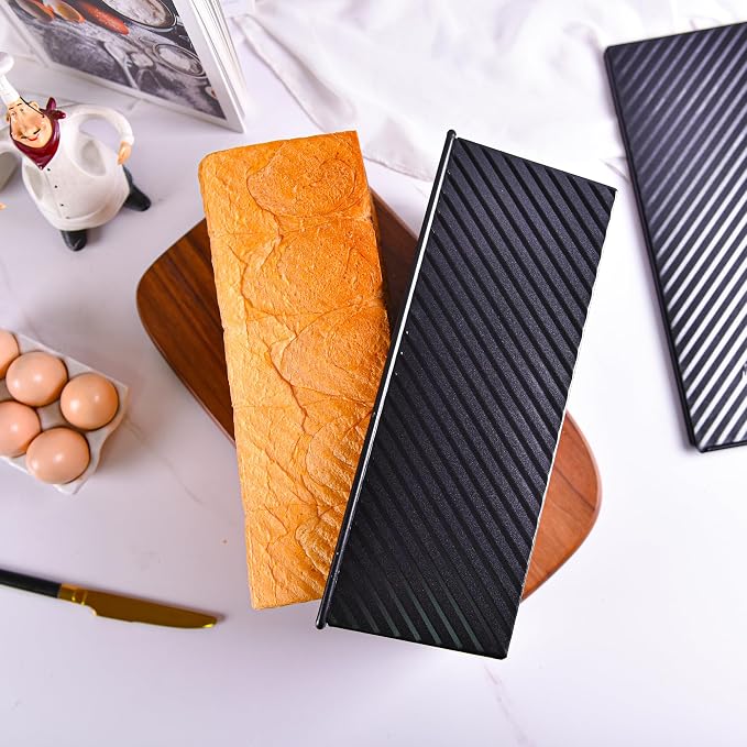 Commercial Pullman Loaf Pan with Lid, 2.2Lb Aluminum Dough Capacity Non-Stick Rectangle Corrugated Bread Toast Mold with Cover for Baking Bread (Black)