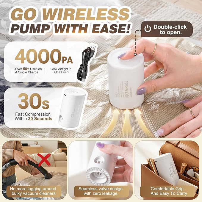 10pcs Vacuum Seal Bags for Clothing Travel with Rechargeable Electric Pump, Space Saver Vacuum Storage Bags for 3-5 Days Travel, Reusable Compression Bags for Luggage Home(10pcs Checkered)