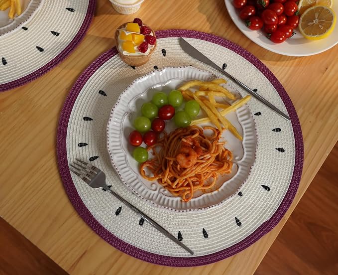 Zupro Round Placemats Set of 6,15inch Fruit Embroidered Table Mats Heat Resistant Non-Slip Washable,for Kitchen Dining Tables Four Seasons Dinner Parties Thanksgiving and Everyday Use.Pitaya White