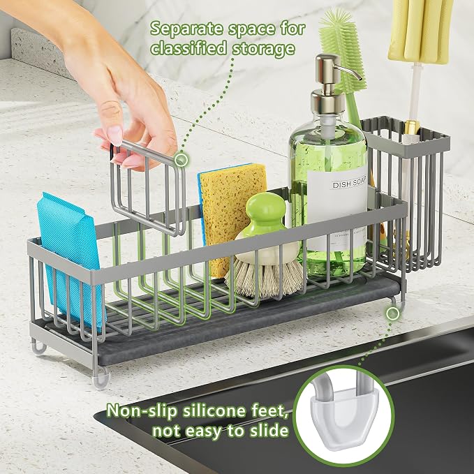 Cisily Extra Large Sink Caddy Organizer with Drying Stone, Gray Sponge Holder for Kitchen, Dish Brush Holder for Countertop, Kitchen Decor Storage and Essentials