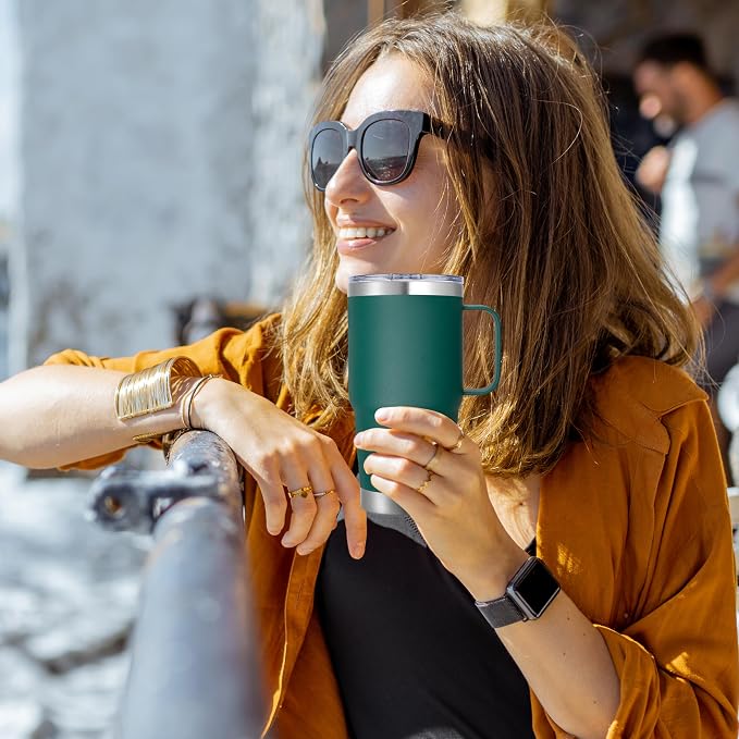 20 oz Stainless Steel Tumbler with Handle Bulk Metal Insulated Tumblers Travel Coffee Mug with Handle Double Wall Tumbler Cup with Lid and Straw, Dark Green 6 Pack