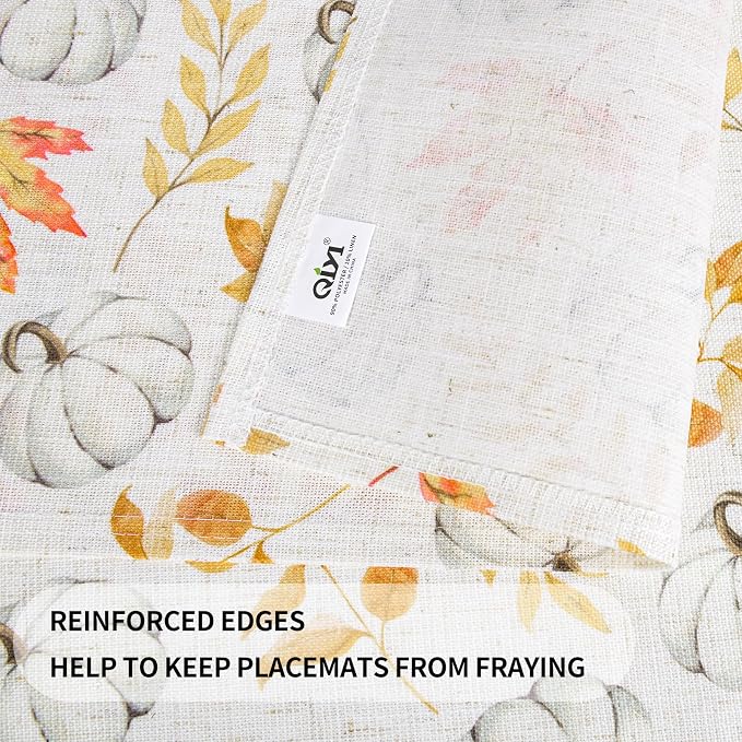 QIYI Boho Table Placemats Set of 6, 12"x18" Linen Place Mats, Maple Pumpkin | Fabric Place Mats for Kitchen Dinning, Farmhouse Rustic Cloth Table Mats, Washable Placemat Party Table Décor
