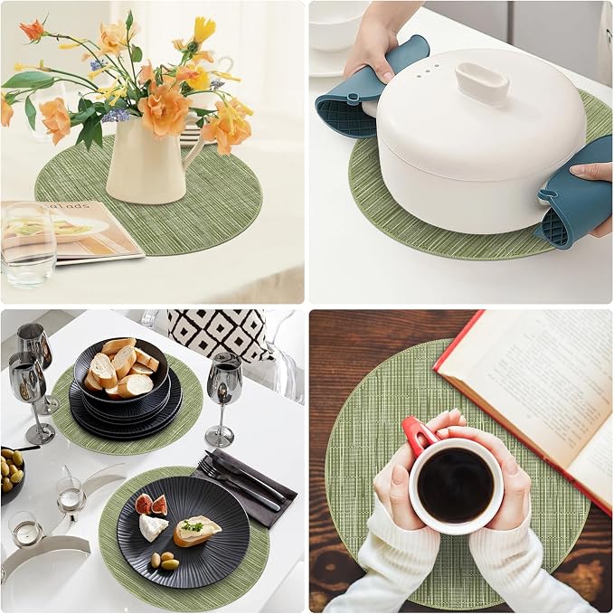 Round Placemats, Placemats Set of 4 Washable Place Mats, Green 15" | Easy to Clean, Heat Resistant Table Mats, Wipeable Linen Placemat for Holiday Party Kitchen Dining Table Decoration