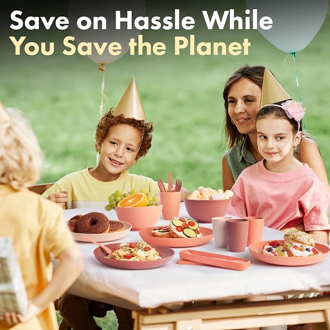 FOODLE Wheat Straw Dinnerware Set - Non-Toxic Kids Plates and Bowls Sets | BPA-Free & Safety Tested - Dishwasher, Microwave Safe Dishes - Easy to Clean - College Dorm Room Essentials for Girls - For 4