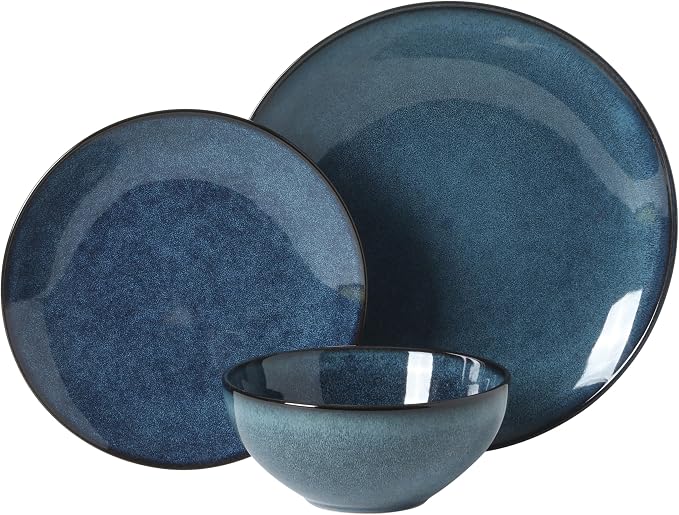 Gibson Elite Castle Peak Plates and Bowls Set, 12-Piece Dinnerware Set, Blue Reactive Glaze Stoneware Dishes, Dinner Plates, Salad Plates & Cereal Bowls