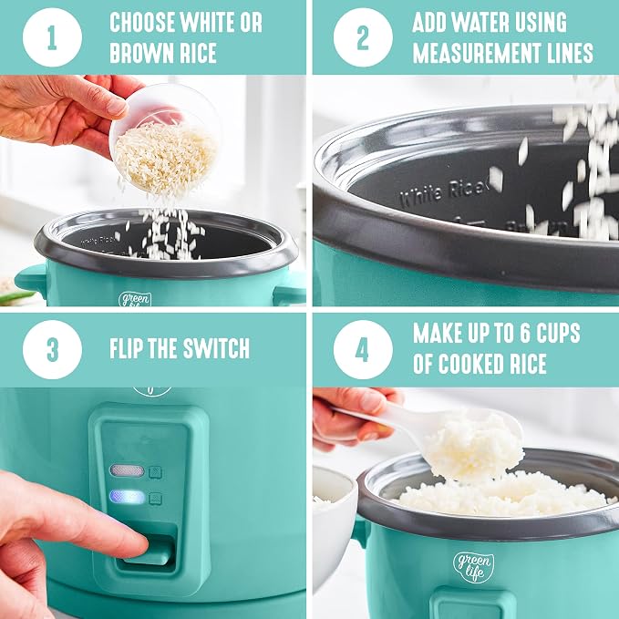 GreenLife Rice Cooker, 3-Cups Uncooked/6-Cups Cooked, Turquoise | PFAS-Free Ceramic Nonstick Removable Pot, One-Switch Design, Grains Multicooker, Keep Warm, Dishwasher Safe Parts, Easy Clean