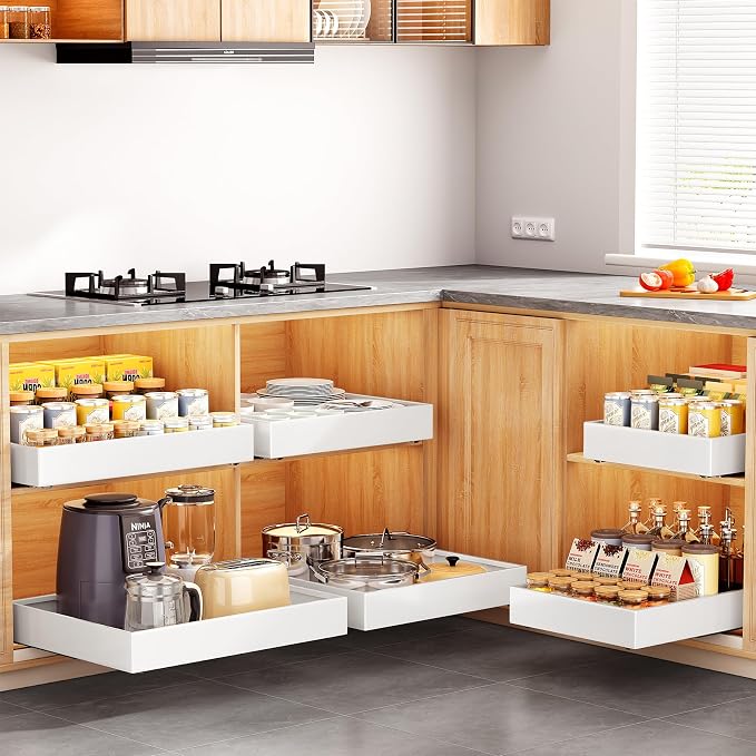 Pull out Cabinet Organizer, 21"Deep, 11.8"Wide Full-Extension Heavy Duty Slide out Drawers with Nano Adhesive, Roll Out Shelves Sliding Cabinet for Kitchen, Bathroom, Pantry,Under Sink Storage(White)