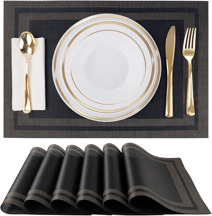 Placemats,Table Place Mats for Kitchen Dining, Heat-Resistant Anti-Skid Stain Washable PVC Table Mats, Easy to Cleaning Woven Vinyl Dinner Mats (Black, 6 Pack)