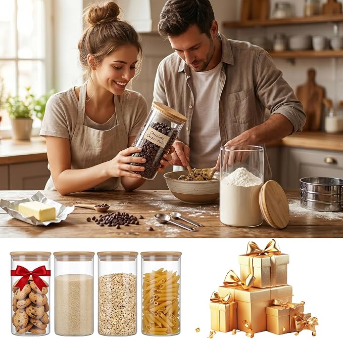 4-Pack Glass Storage Jars with Bamboo Lids, 1200ml Airtight Food Storage Containers, Clear Pantry Organizers and Storage Canisters Set for Cereal, Snack, Candy, Kitchen