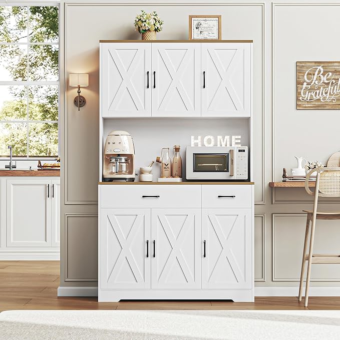 HOSTACK 71"H Kitchen Pantry Storage Cabinet, Farmhouse Hutch Cabinet, White | Space-Saving Pantry Cabinet with Charging Station & 2 Large Drawers & Adjustable Shelves, Tall Kitchen Hutch, Dining Room