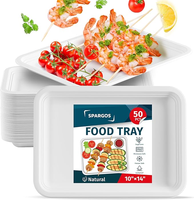 SPARGOS 14 Inch Disposable Food Trays, 50 Pack Crawfish Boil | 50 heavy duty 14-inch paper trays, compostable. For crawfish and seafood boil, lobster, crab, BBQ and holiday feasts.