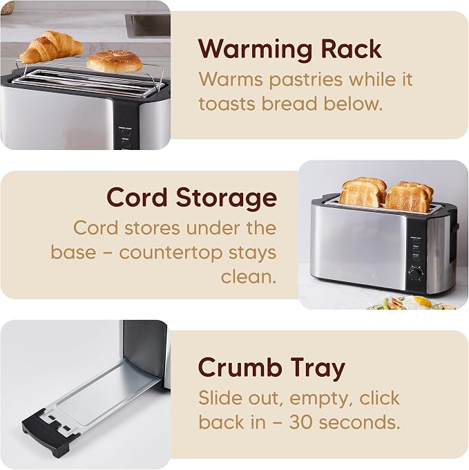 Elite Gourmet ECT-3100 4-Slice Long Slot Toaster, Stainless Steel | Extra-Wide Slots Fit Bagels, Sourdough & Texas Toast, 6 Browning Settings, Reheat, Defrost & Cancel, Built-In Warming Rack