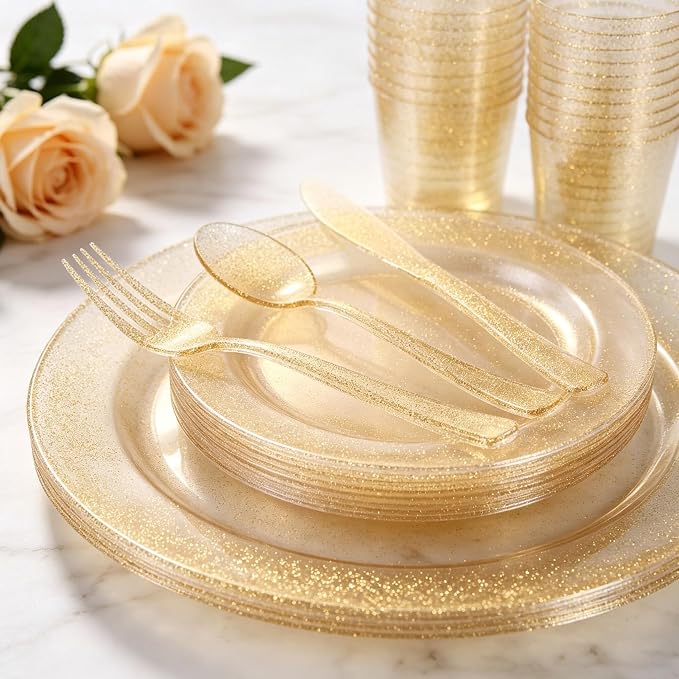 150Pcs Gold Disposable Plates,Gold Glitter Dinnerware Set for Party | Gold Plastic Plates Set Include 25 Dinner Plates 10.25’’, 25 Dessert Plates 7.5’’, 25 cups 10 oz, 75 Plastic Silverware Set