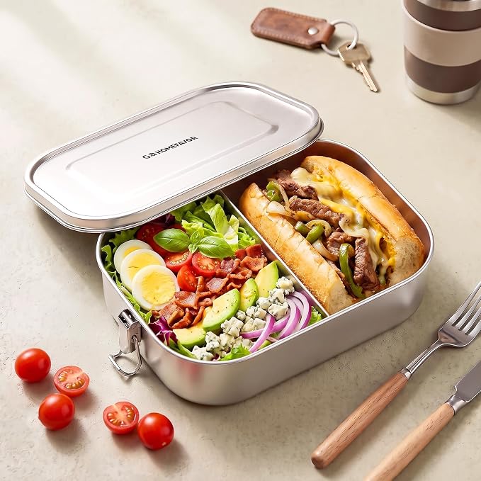 G.a HOMEFAVOR Stainless Steel Bento Lunch Box, 2-Compartment, 1400 ml/47 oz | Leak-Proof, Dishwasher Safe, BPA-Free, with Lock Clips & Removable Divider, Meal Prep, Large Food Container, for Adults