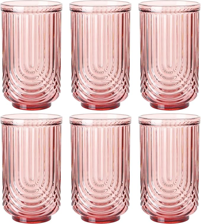 JOVGANK Pink Vintage Glassware Set of 6 - 17oz Highball Cocktail Glasses with Arched Ripple Design for Water, Coffee, Juice, Whiskey, Bar, Ice, Housewarming Gifts