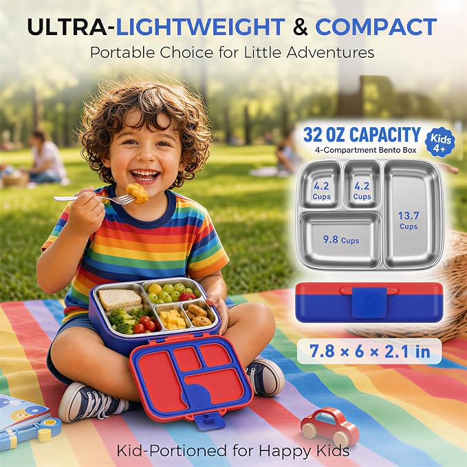 Kids Stainless Steel Bento Lunch Box, 4 Compartments | Leak-Resistant 4 Cups Lunch Container for Ages 4+ with Easy-Open Latch, Removable Seal & Meal Feedback Icon