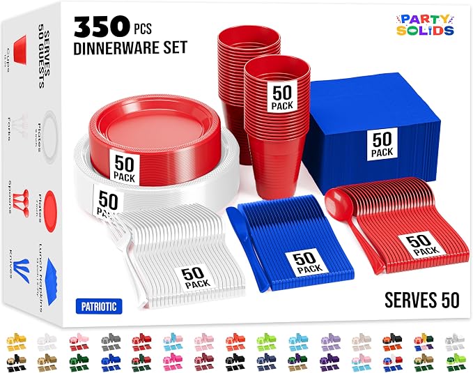 350 Pcs Patriotic Plastic Plates For Party, Patriotic Disposable Plates Set, 50 Of Each 9" Dinner Plate Set, 7" Dessert Plate, Cups, Napkins & Cutlery Plastic Dinnerware Set Exquisite