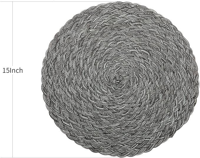 Topotdor Round Placemats Heat-Resistant Stain Resistant Anti-Skid Washable Polyproplene Table Mats Placemats (Braided-Gray, Set of 4)
