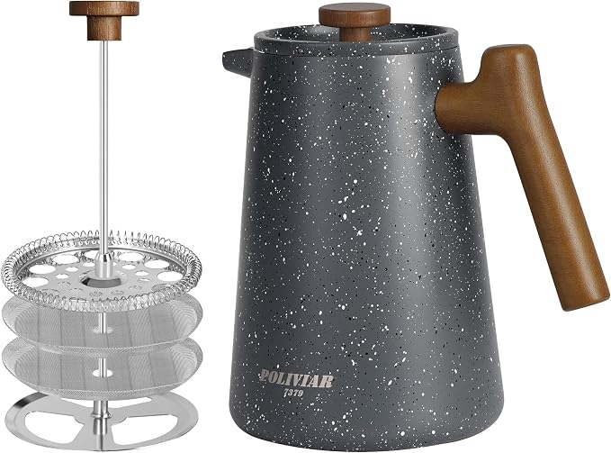 POLIVIAR French Press Coffee Maker, 34 oz | Real Wood Handle, Double Wall Insulation, Dual-Filter Screen, Food Grade Stainless Steel, For Coffee and Tea