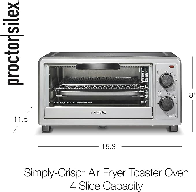 Proctor Silex 4 Slice Countertop Air Fryer Toaster Oven Combo | Air Fry, Bake, Broil, Toast | 200-450⁰F Adjustable Temp | 30 Minute Timer | Automatic Shutoff | Black and Silver | 31265
