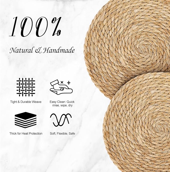 13 Inch Placemats Set of 12, Boho Round Rattan Place Mats for Dining Table Decor, Rustic Woven Chargers for Dinner Plates, Outdoor Patio, Farmhouse Wedding, Water Hyacinth Wicker Braided Placemat