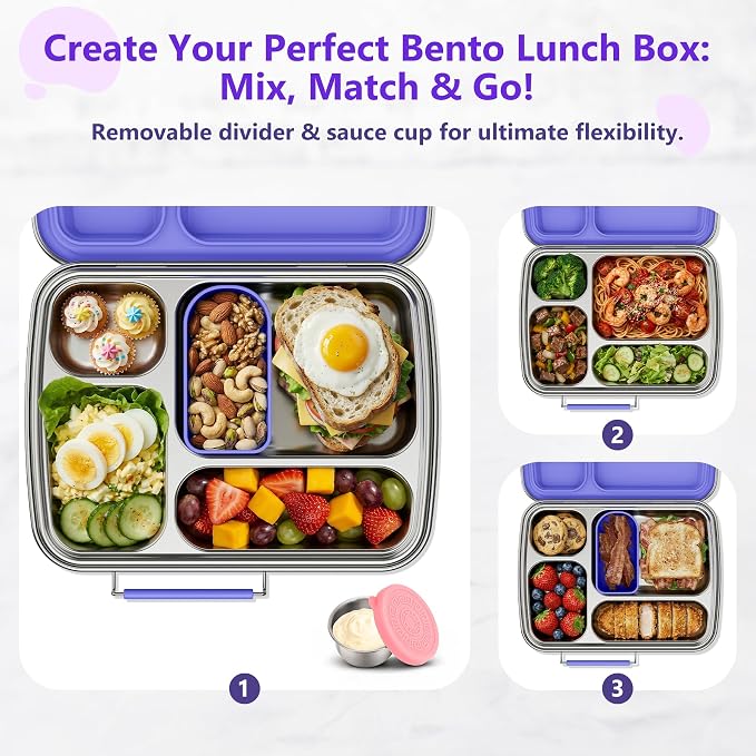 Stainless Steel Bento Lunch Box for Kids & Adults, 4 Compartment Kids Lunch Box, Metal Bento Box with Silicone Container and Stainless Steel Sauce Container,BPA-Free,School,Office(Purple)